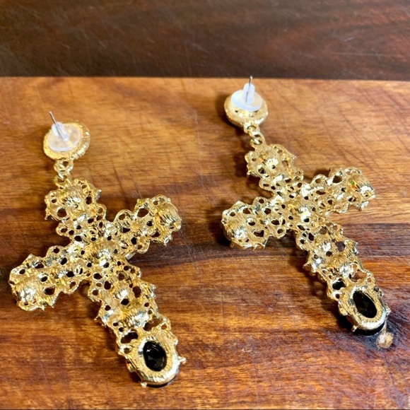 Boho Crystal Cross Drop Statement Earrings - Picture 5 of 6